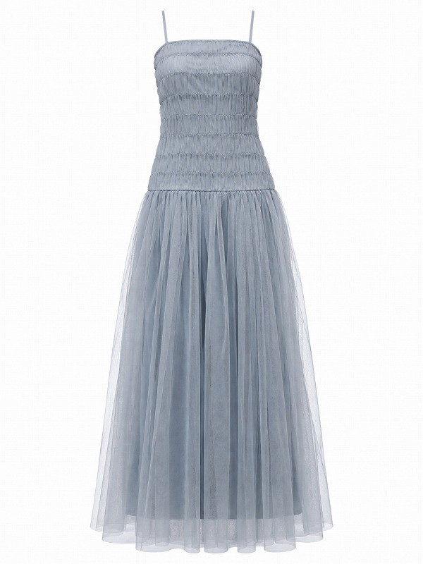【新品DRESS 1930】バックオープンチュールフレアロングドレス グレー【LACE＆BEADS】